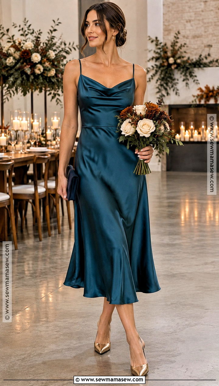 Teal Blue Satin Midi Bridesmaid Dress - 15 blue fall bridesmaid dresses