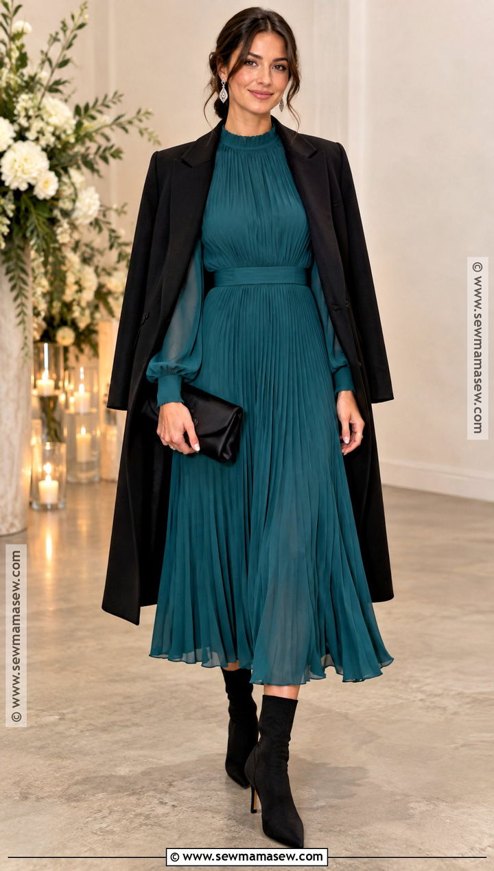 Teal Chiffon Dress With Black Sock Boots - 20 Fall Wedding Guest Dress With Boots