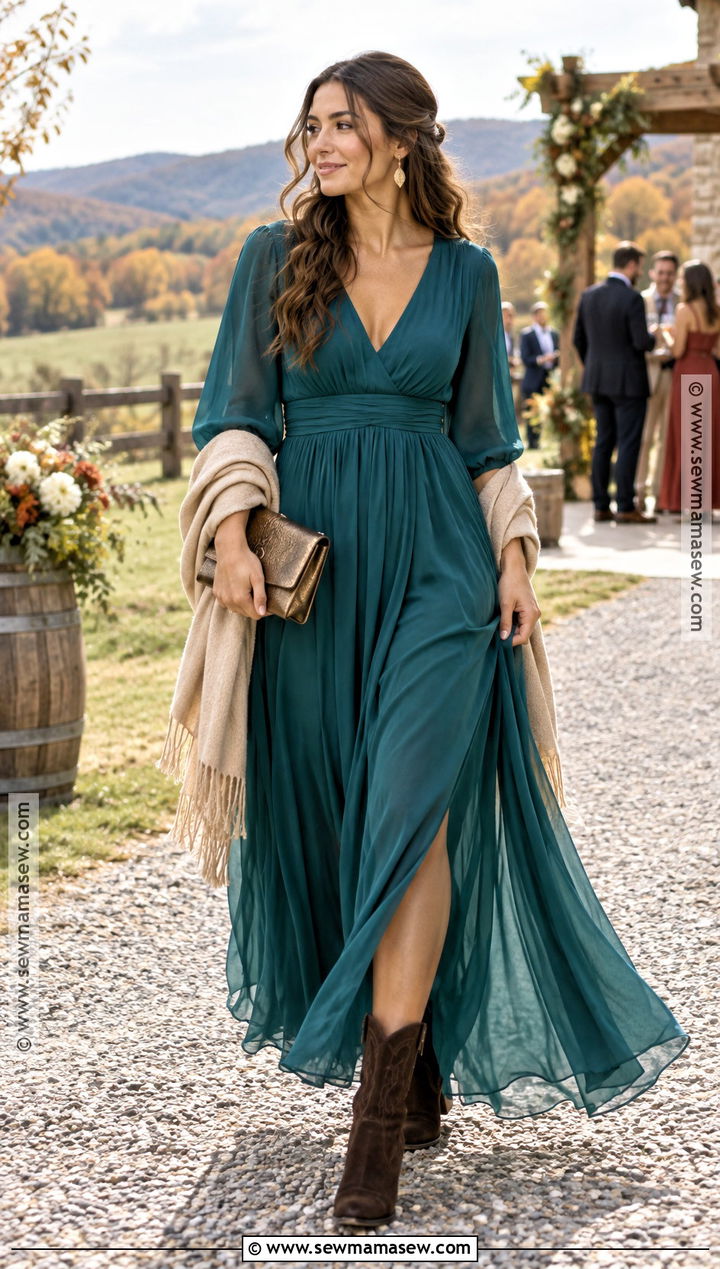 Teal Chiffon Maxi Dress Country Wedding Guest Outfit - 15 country fall wedding outfit guest ideas