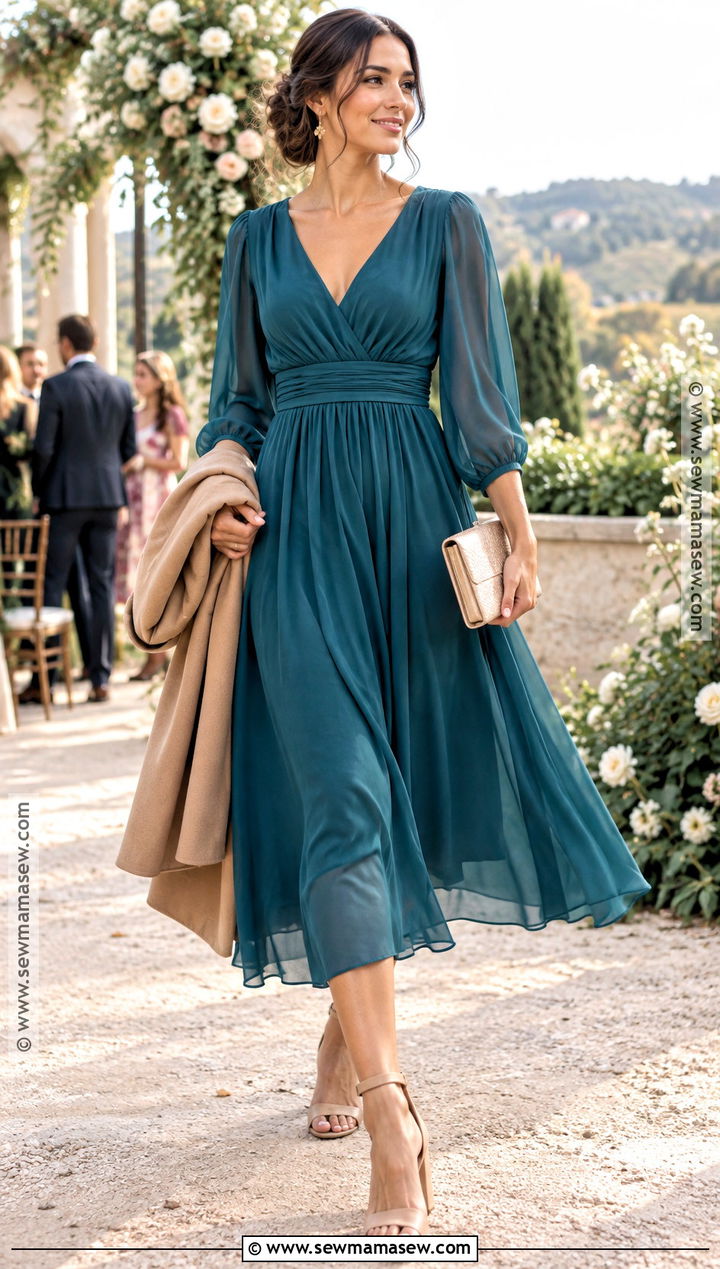Teal Chiffon Sleeve Midi Dress For A Fall Brunch Wedding - 15 fall brunch wedding guest dress ideas