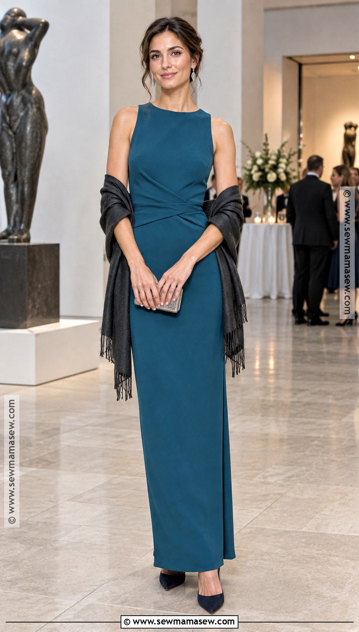 Teal Crepe Column Dress Fall Wedding Guest Outfit - 30 fall wedding guest outfit ideas