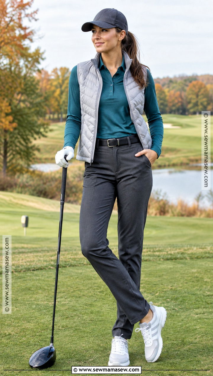 Teal Golf Polo And Charcoal Pants - 25 fall golfing outfits for women