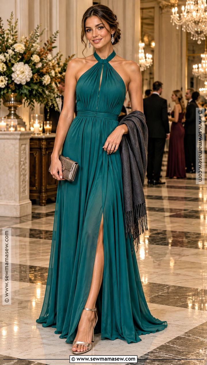Teal Green Halter Maxi Dress - 15 Green Fall Wedding Guest Dress Ideas