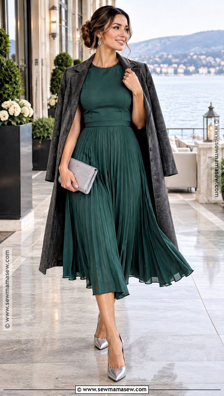 Teal Green Pleated Midi Dress With Silver Accessories - 15 green wedding guest dress fall ideas