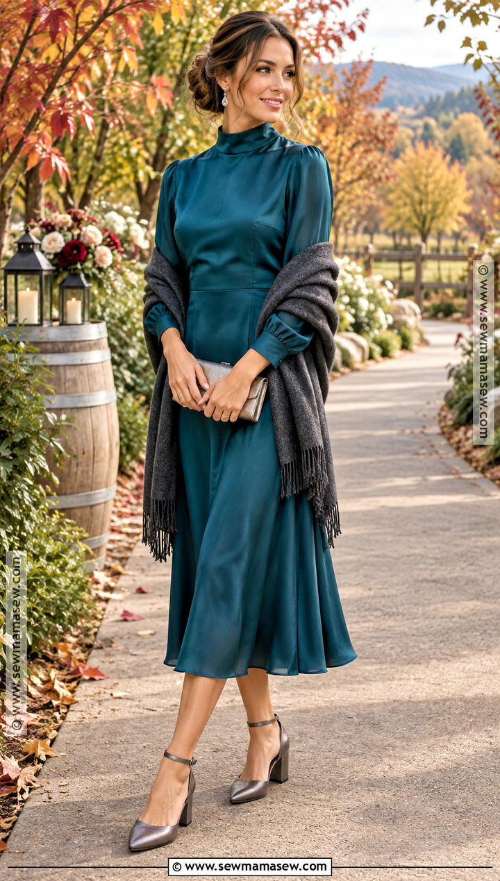 Teal High Neck Fall Outdoor Wedding Guest Dress - 20 fall outdoor wedding guest dress ideas