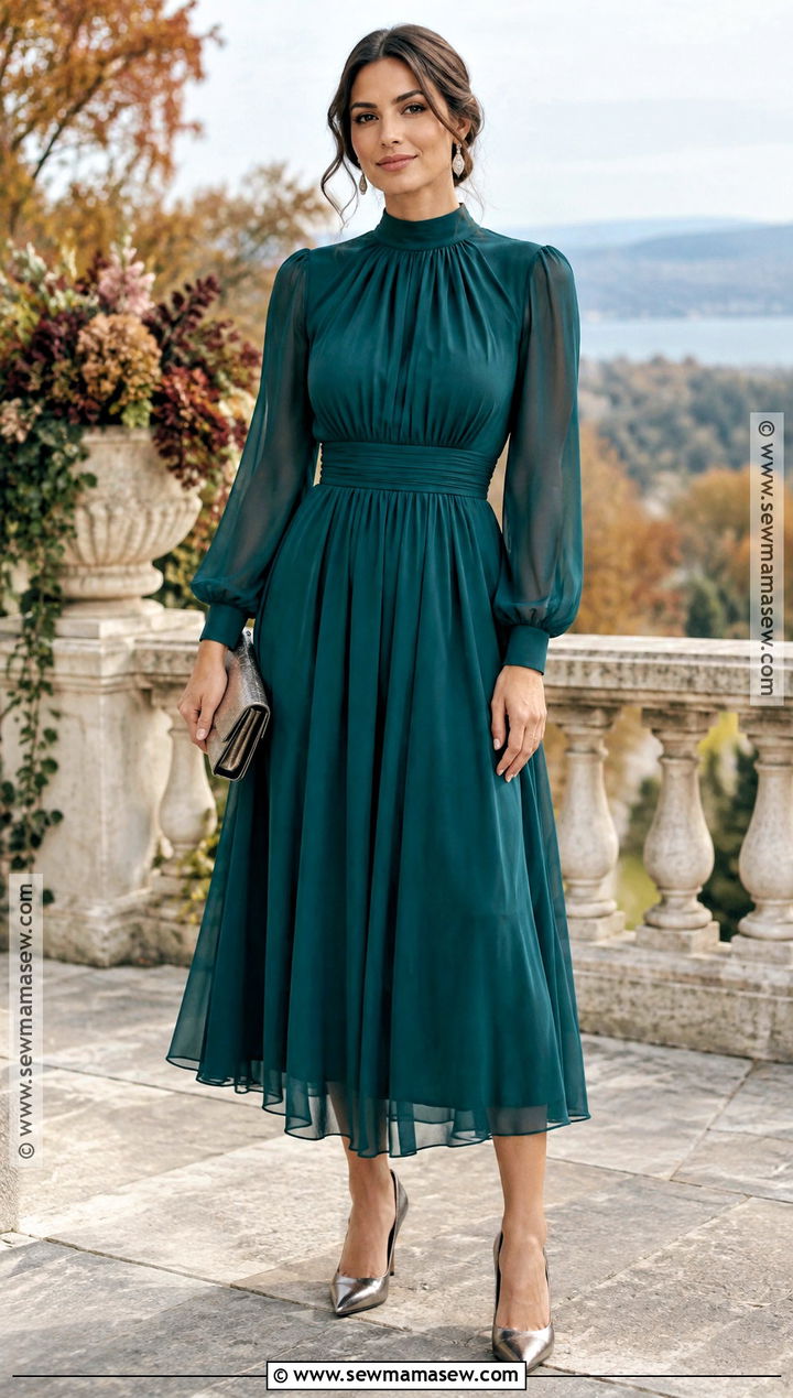 Teal High Neck Fall Wedding Guest Outfit - 25 semi formal fall wedding guest attire ideas