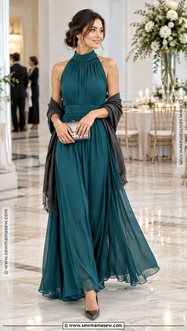 Teal High Neck Maxi Fall Wedding Outfit - 20 fall wedding outfits for women