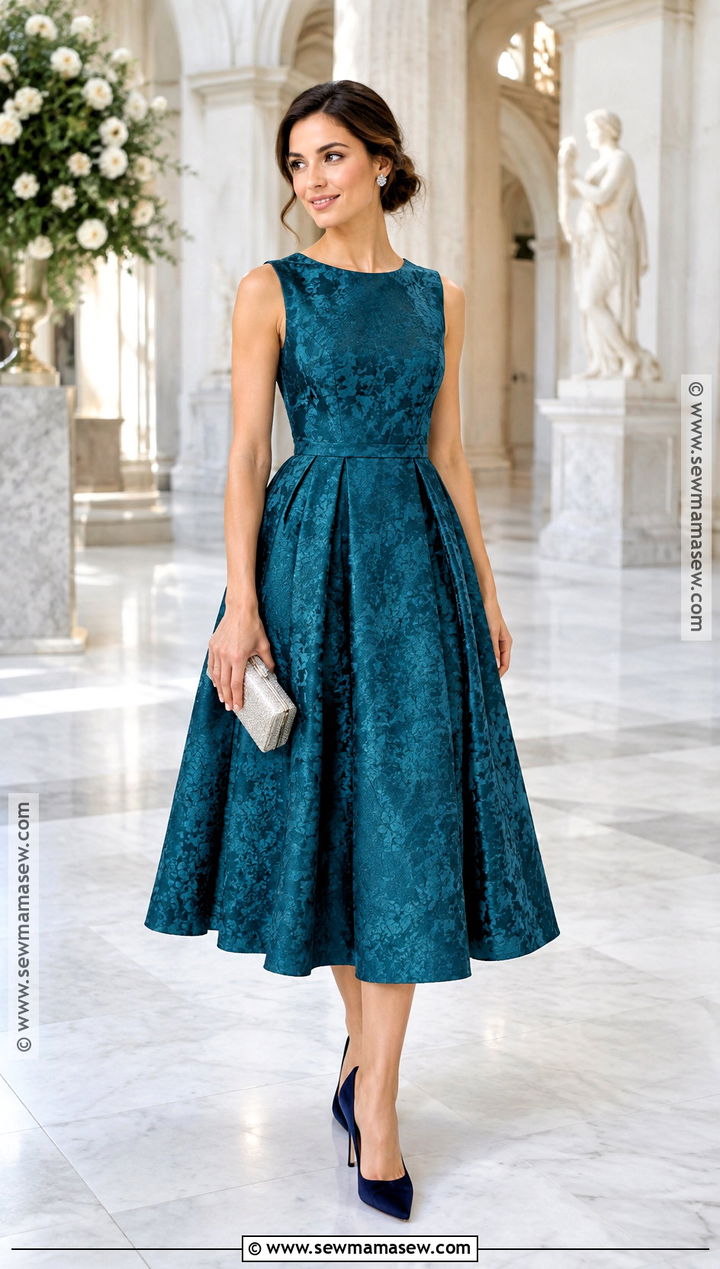Teal Jacquard Fit And Flare Dress - 15 fall dresses for wedding guests