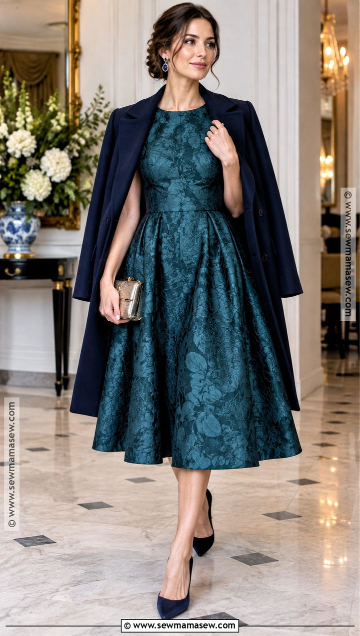 Teal Jacquard Fit and Flare Dress Outfit - 15 dresses for fall wedding