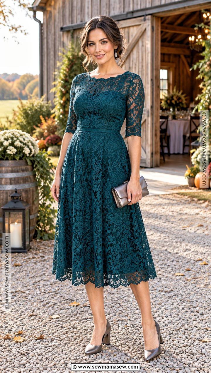 Teal Lace Midi Dress With Block Heel Pumps - 20 Fall Farm Wedding Guest Attire Ideas