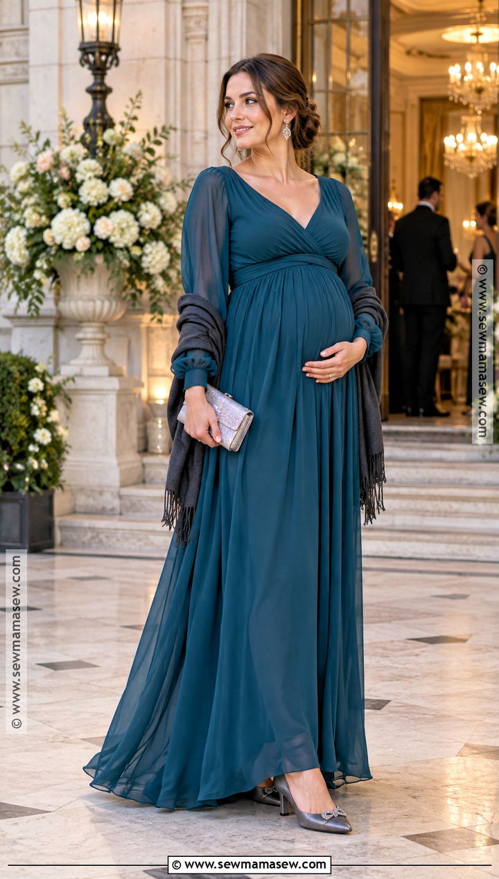Teal Long Sleeve Maternity Gown Outfit - 15 pregnant fall wedding guest outfit ideas