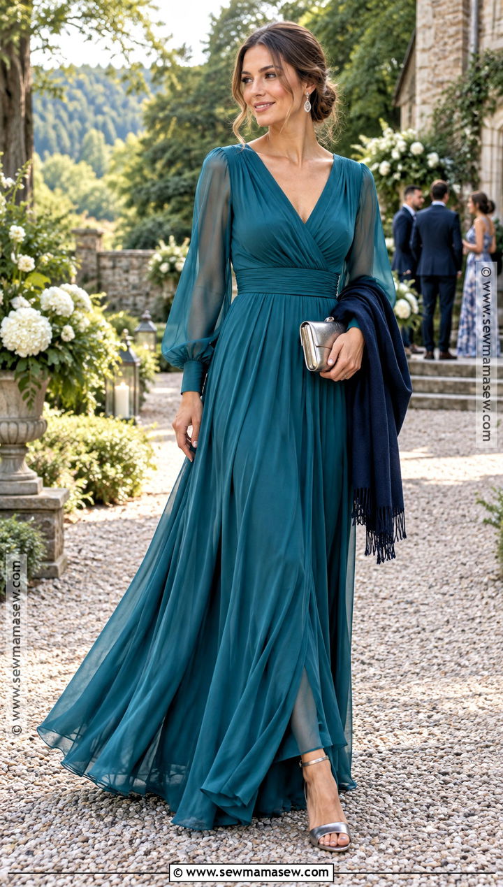 Teal Long Sleeve Maxi Wedding Guest Outfit - 15 early fall wedding guest outfit ideas