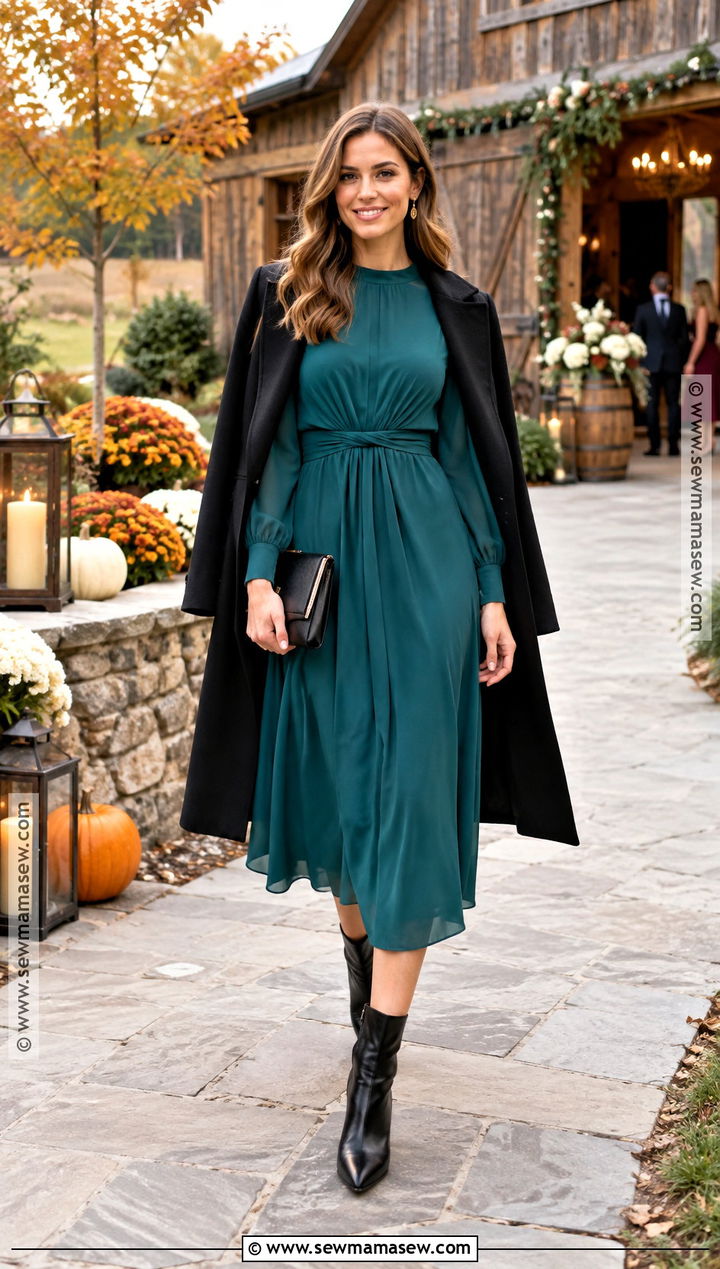 Teal Long Sleeve Midi Dress With Ankle Boots - 15 outdoor fall wedding outfit ideas