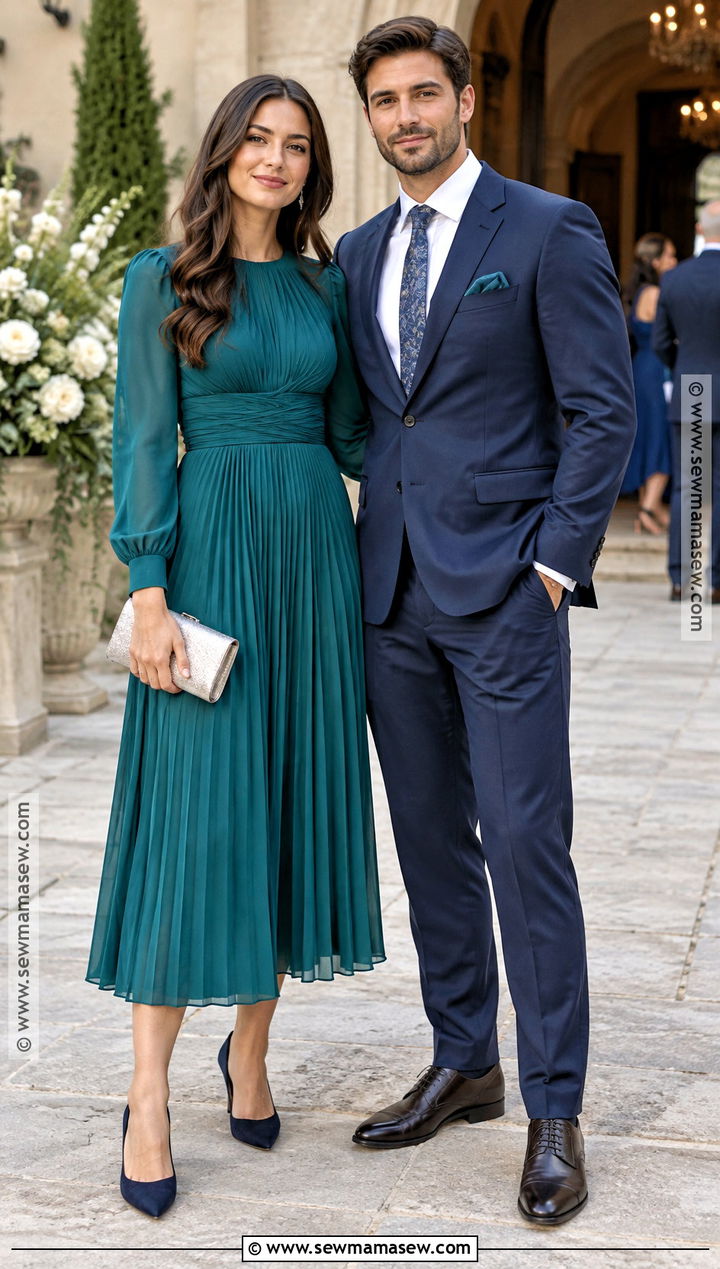Teal Midi Dress And Navy Suit Fall Wedding Guest Couple Outfit - 15 Wedding Guest Couple Outfit Fall Ideas