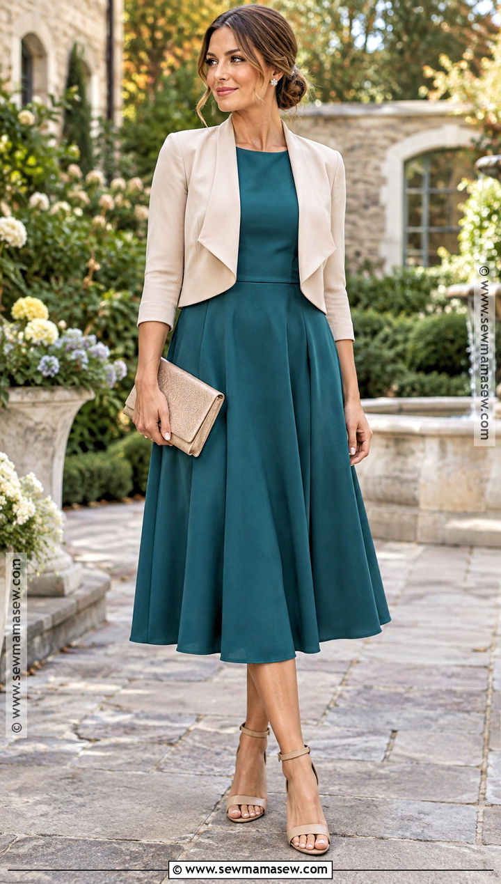 Teal Midi Dress And Nude Block Heels Outfit - 15 fall daytime wedding guest outfit ideas