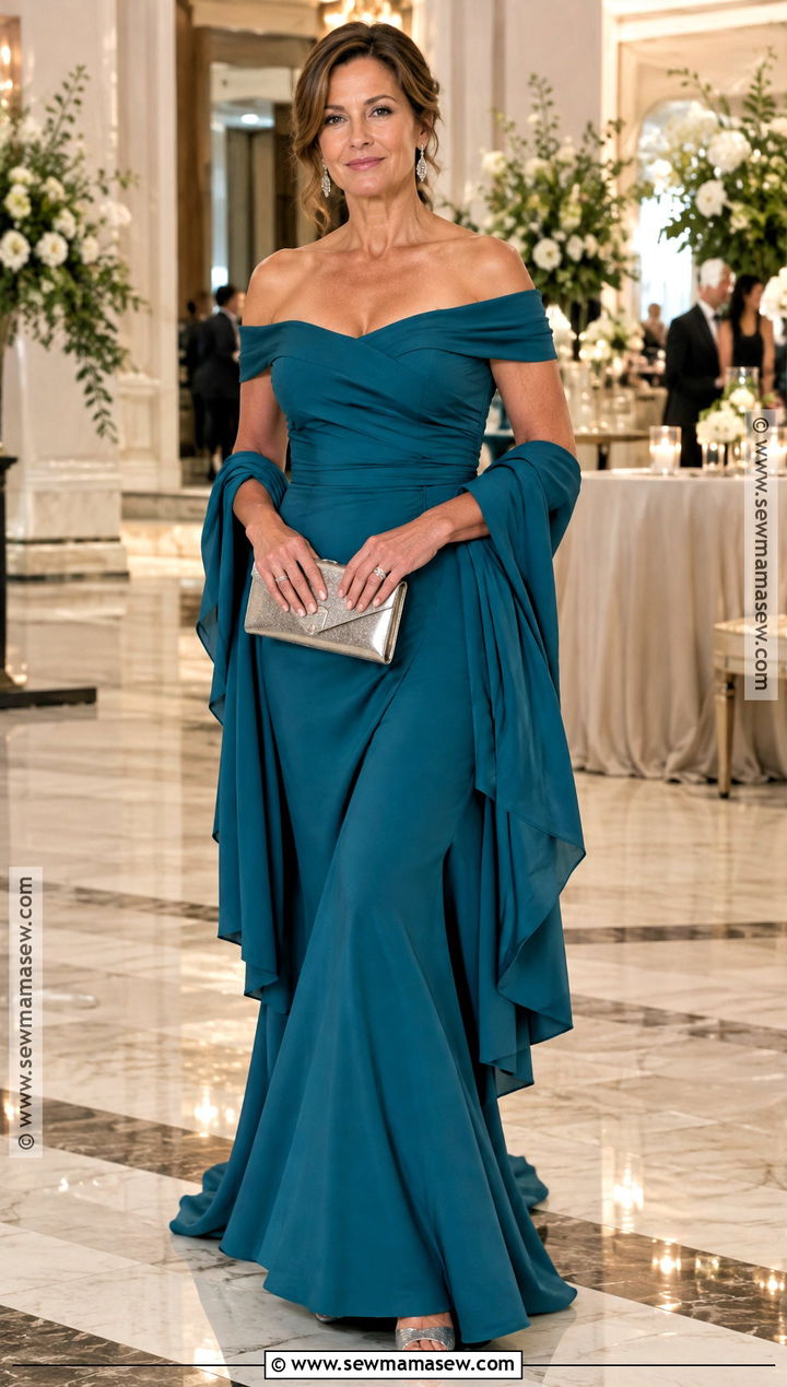 Teal Off Shoulder Crepe Mother Of The Bride Dress - 15 Mother Of The Bride Dresses Autumn