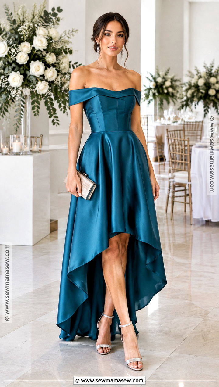 Teal Off Shoulder High Low Dress - 15 Fall Wedding Guest Dress Off Shoulder Ideas