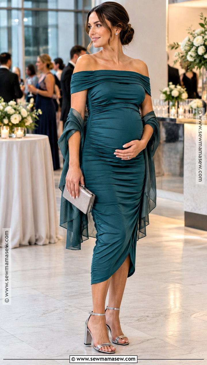 Teal Off Shoulder Maternity Dress - 20 fall maternity wedding guest dress ideas