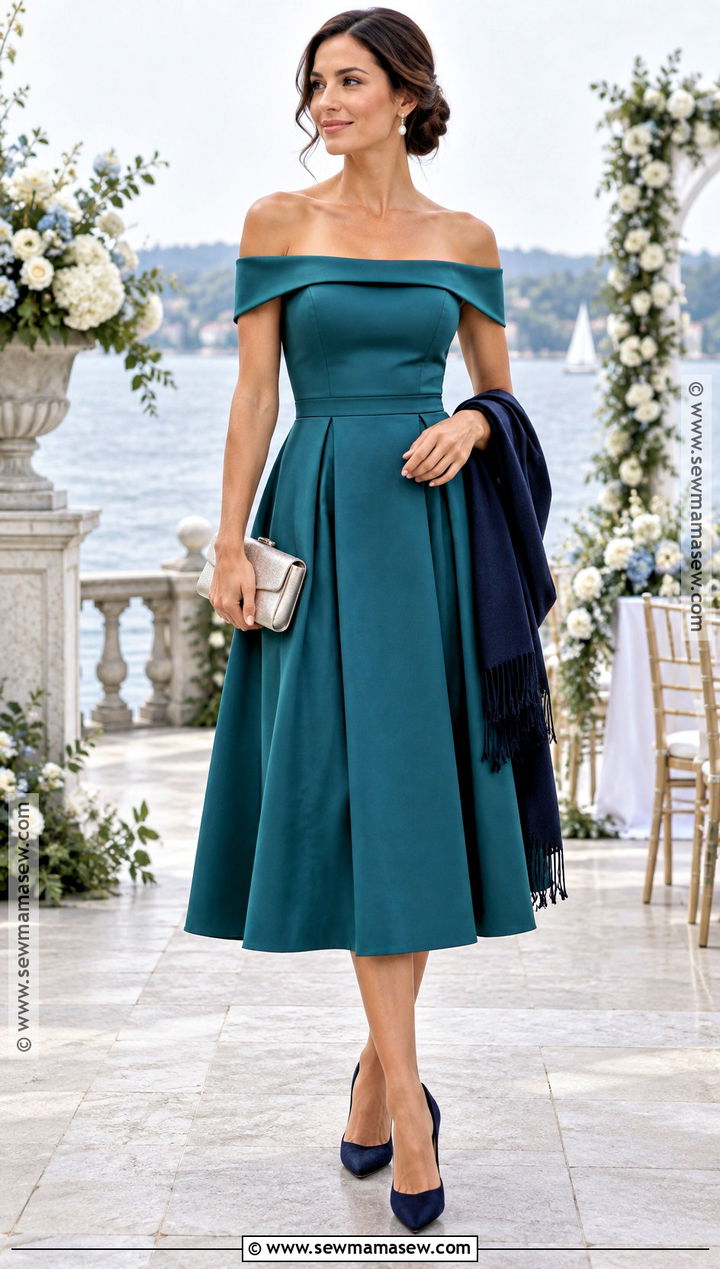 Teal Off the Shoulder Dress - 15 fall wedding party dress ideas