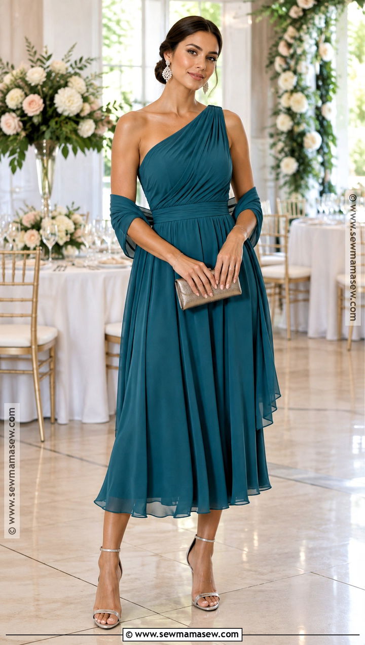 Teal One Shoulder Dress Fall Wedding Guest Outfit - 15 Fall Family Wedding Outfits Guest