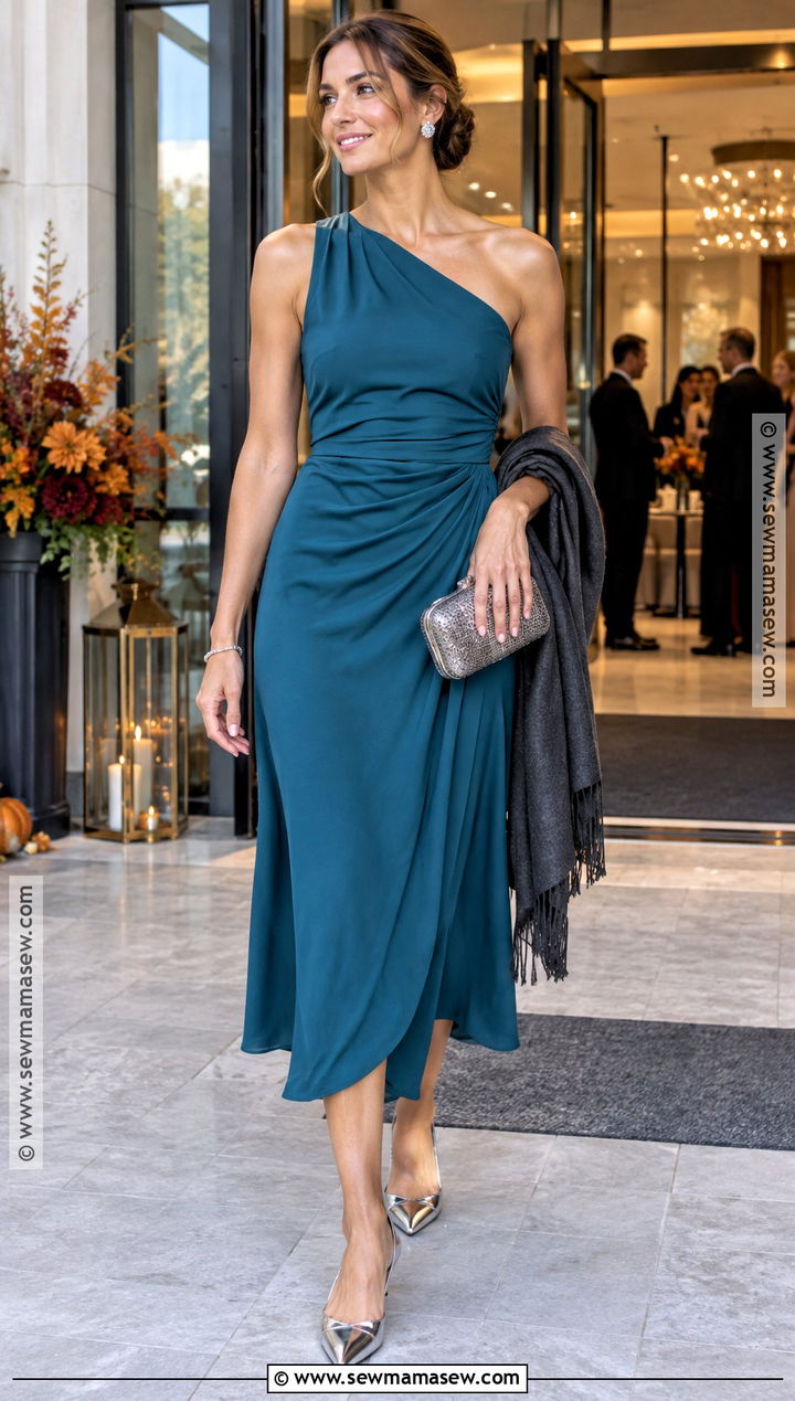 Teal One Shoulder Dress With Silver Flats - 15 fall wedding guest dress with flats ideas