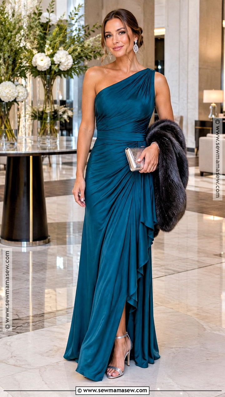 Teal One Shoulder Maxi Dress Wedding Guest Outfit - 15 Long Dress Wedding Guest Fall Ideas