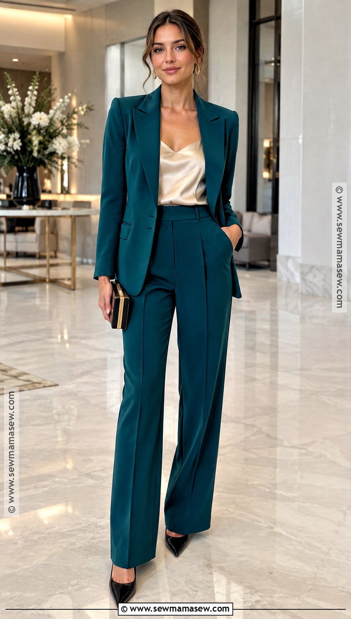 Teal Pantsuit With a Silk Camisole - 15 elegant fall wedding attire ideas