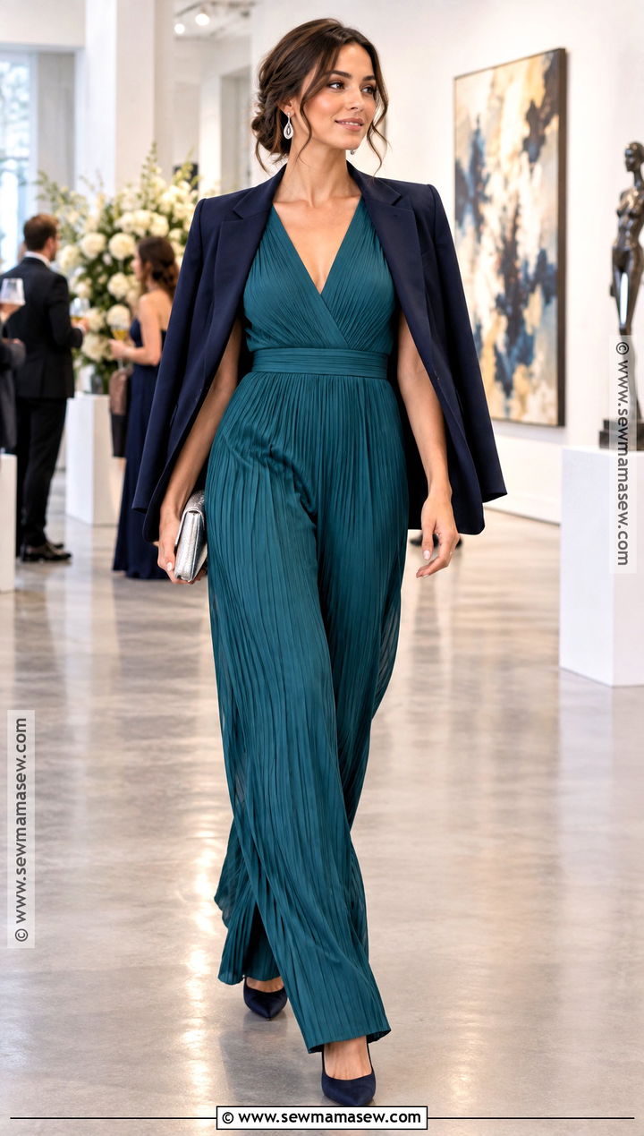 Teal Pleated Fall Wedding Jumpsuit - 15 Fall Jumpsuit Outfit Wedding Ideas