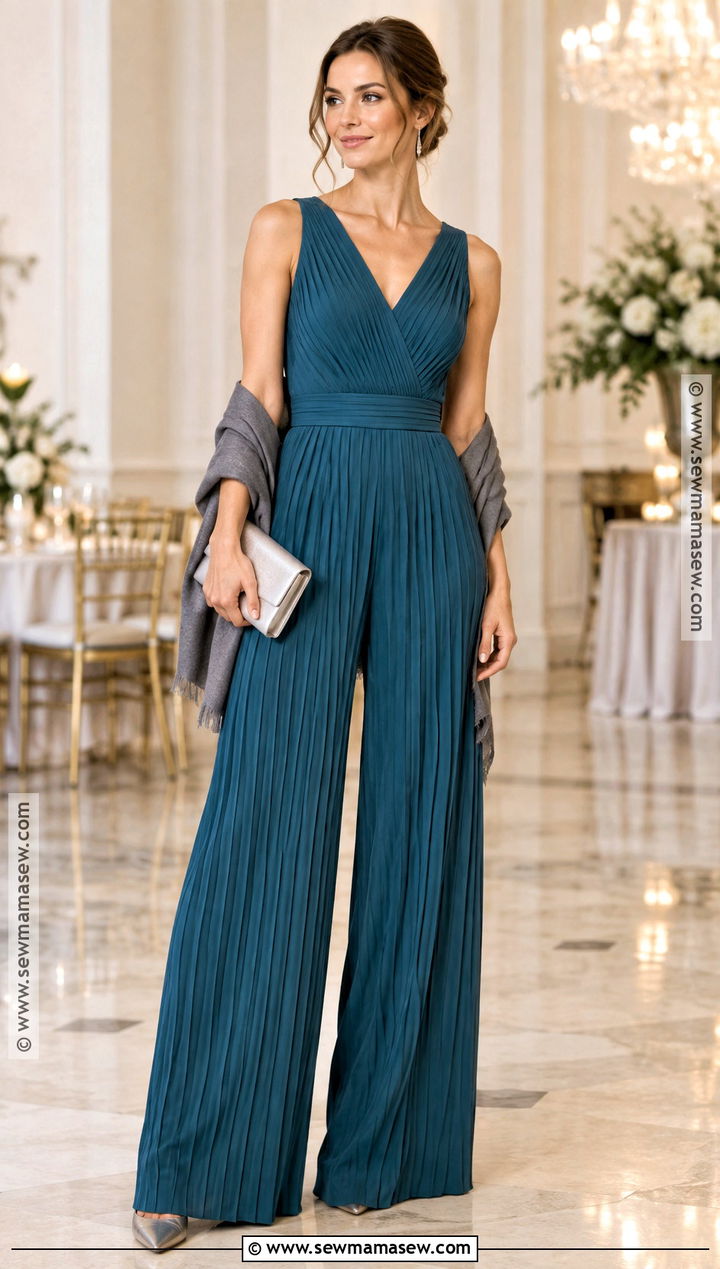 Teal Pleated Jumpsuit - 15 wedding guest jumpsuit fall ideas