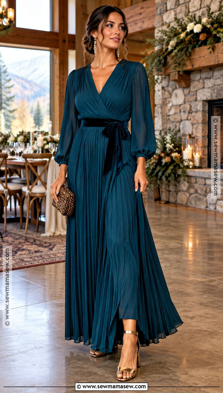 Teal Pleated Maxi Dress - 15 boho fall wedding guest dress ideas