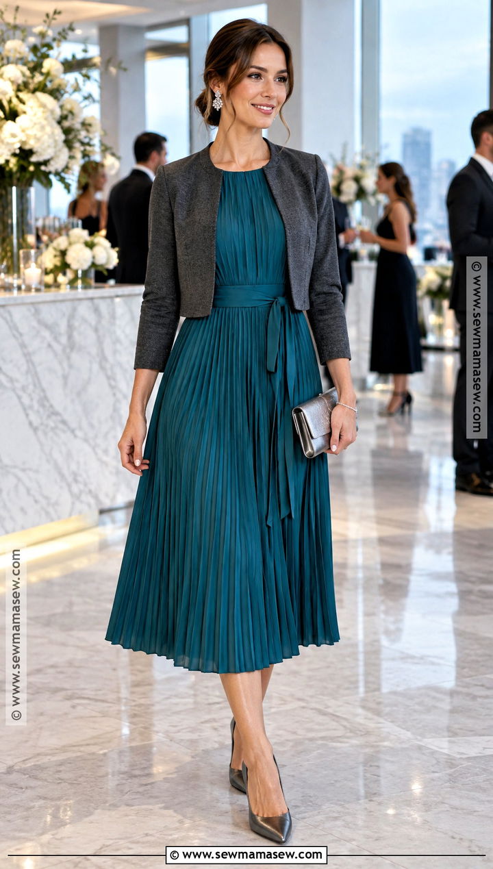 Teal Pleated Midi Dress Fall Cocktail Outfit - 15 fall cocktail outfits for women