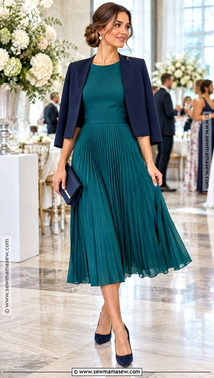 Teal Pleated Midi Dress Outfit - 15 Wedding Guest Fall Outfit Classy Ideas