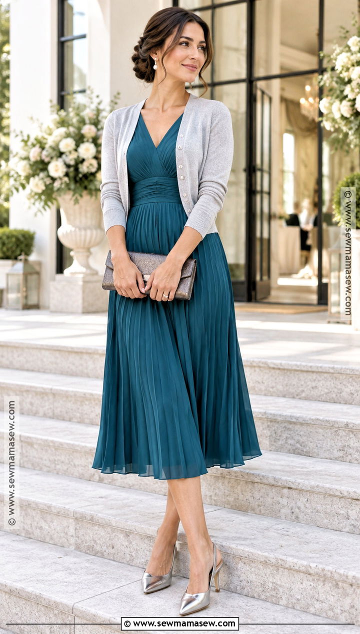 Teal Pleated Midi Dress With Gray Cardigan - 15 Fall Wedding Guest Dress With Sweater Ideas