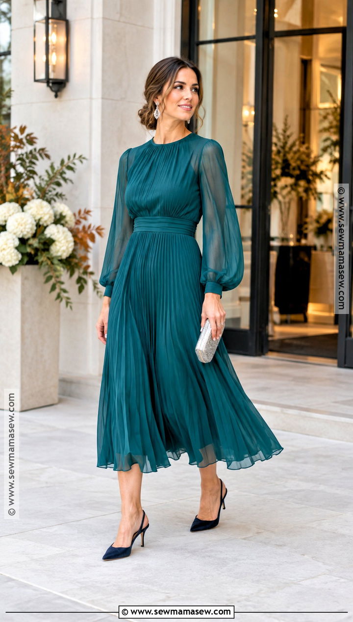 Teal Pleated Midi Dress - 15 dress for wedding guest fall ideas