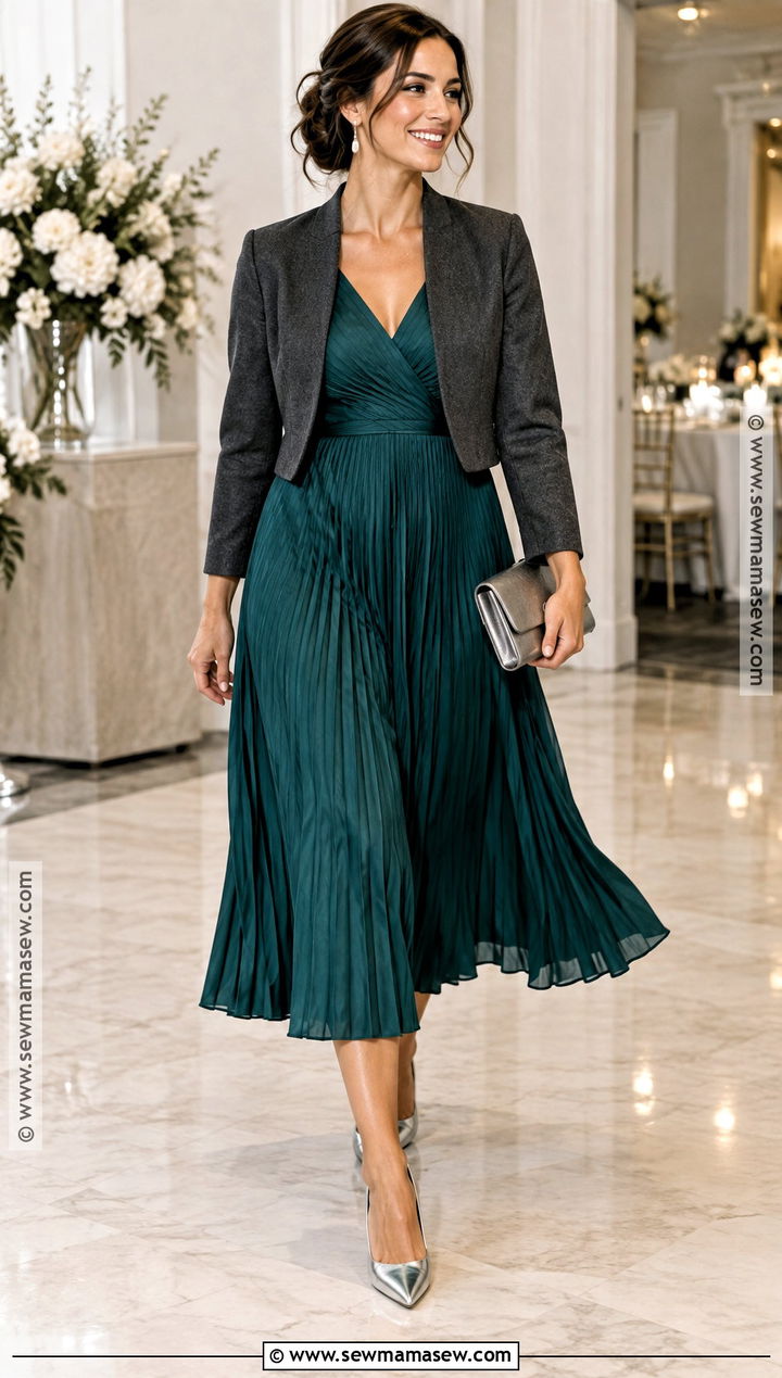 Teal Pleated Midi Fall Wedding Guest Dress - 15 fall wedding guest dress ideas