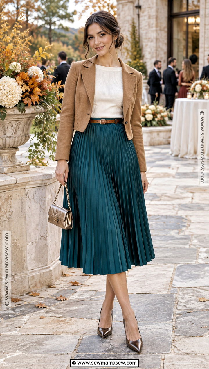 Teal Pleated Midi Skirt Outfit - 15 casual wedding outfit guest fall ideas