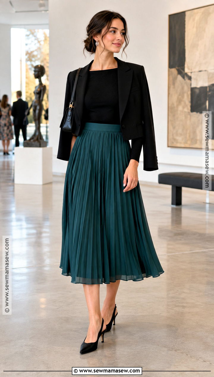 Teal Pleated Midi Skirt Wedding Guest Outfit - 20 fall casual wedding guest attire ideas
