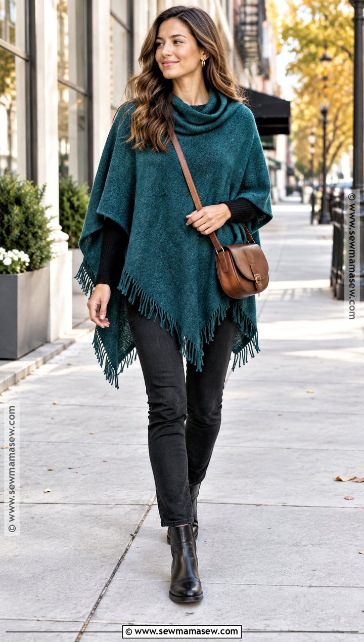 Teal Poncho With Black Jeans And Chelsea Boots - 15 autumn color poncho ideas