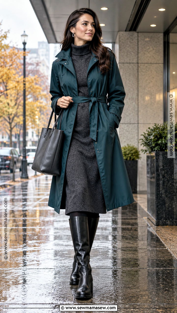 Teal Raincoat And Sweater Dress Work Outfit - 20 Fall Rainy Day Outfits Work