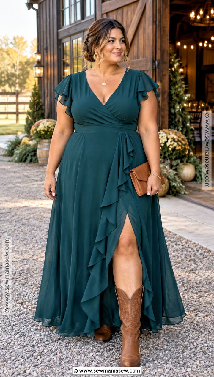 Teal Ruffle Maxi Dress With Cowboy Boots - 15 dress with cowboy boots wedding guest fall