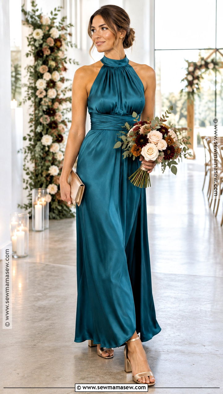 Teal Satin Bridesmaid Dress With Gold Sandals - 15 fall bridesmaid dresses mismatched jewel tones