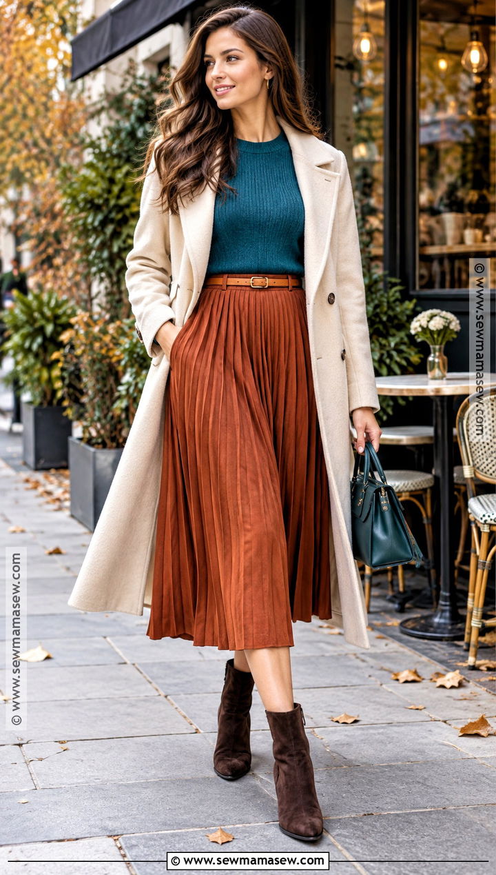 Teal Sweater and Rust Midi Skirt Autumn Outfit - 25 colourful autumn outfits