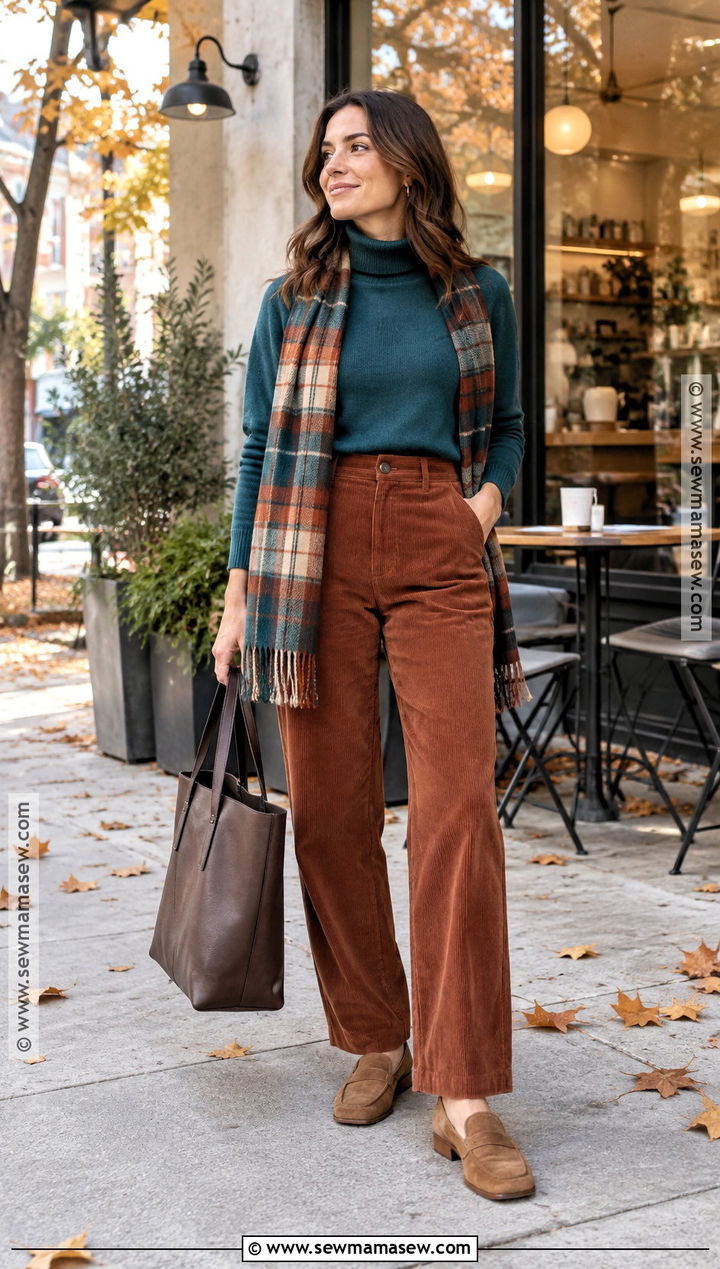 Teal Turtleneck And Rust Corduroy Pants Fall Outfit - 20 Fall Colorful Outfits