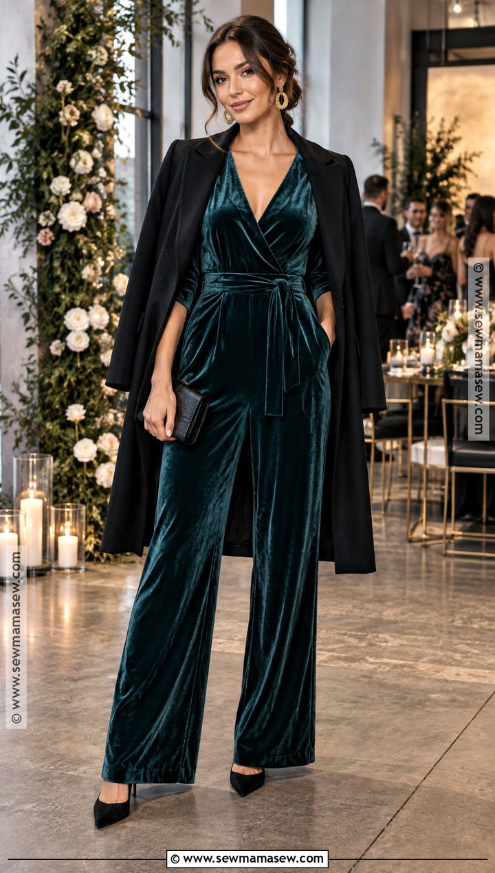 Teal Velvet Jumpsuit Wedding Guest Outfit - 20 cold fall wedding guest outfit ideas