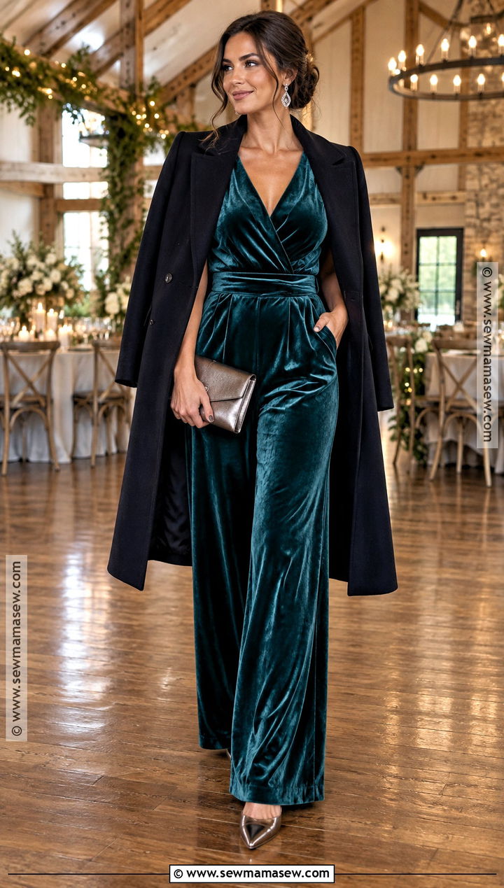 Teal Velvet Jumpsuit With Metallic Flats - 20 fall country wedding guest outfit ideas