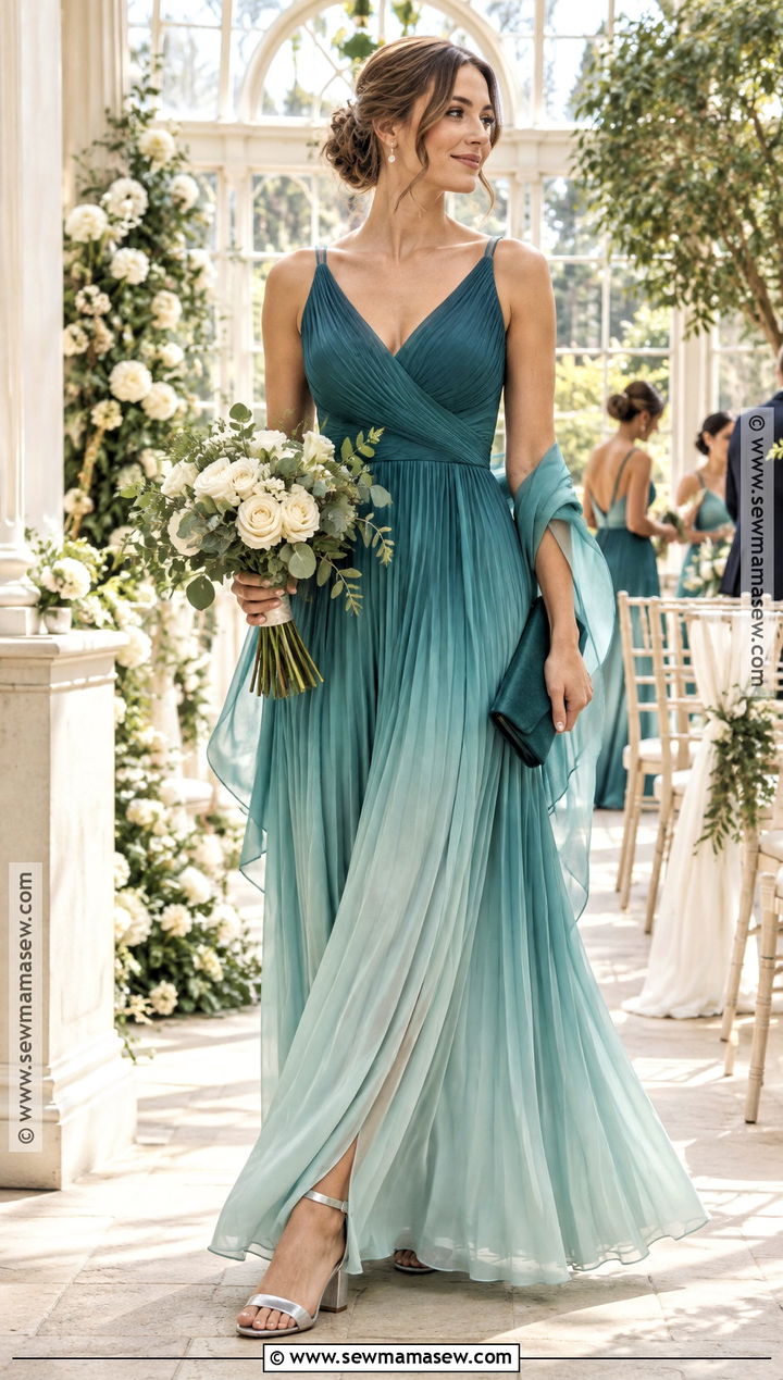 Teal to Seafoam Ombre Pleated Bridesmaid Dress - 15 fall wedding bridesmaid dresses ombre