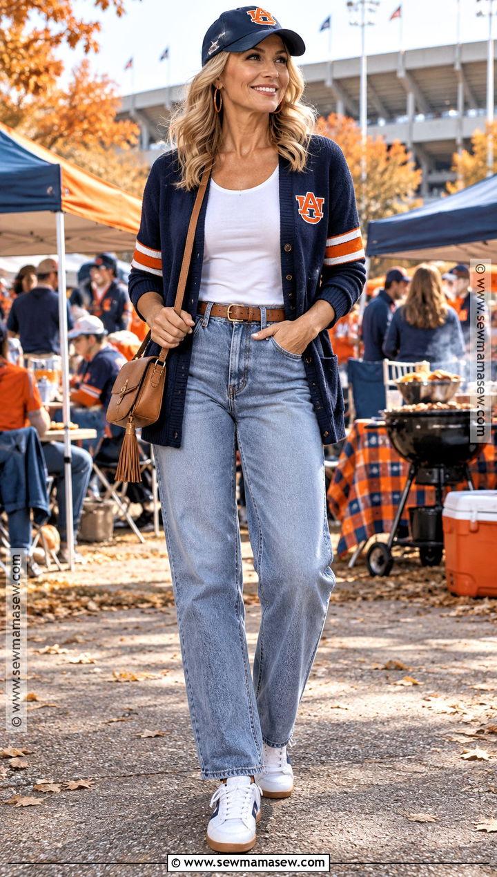 Team Cardigan And Relaxed Jeans Football Outfit - 20 cute fall football game outfits