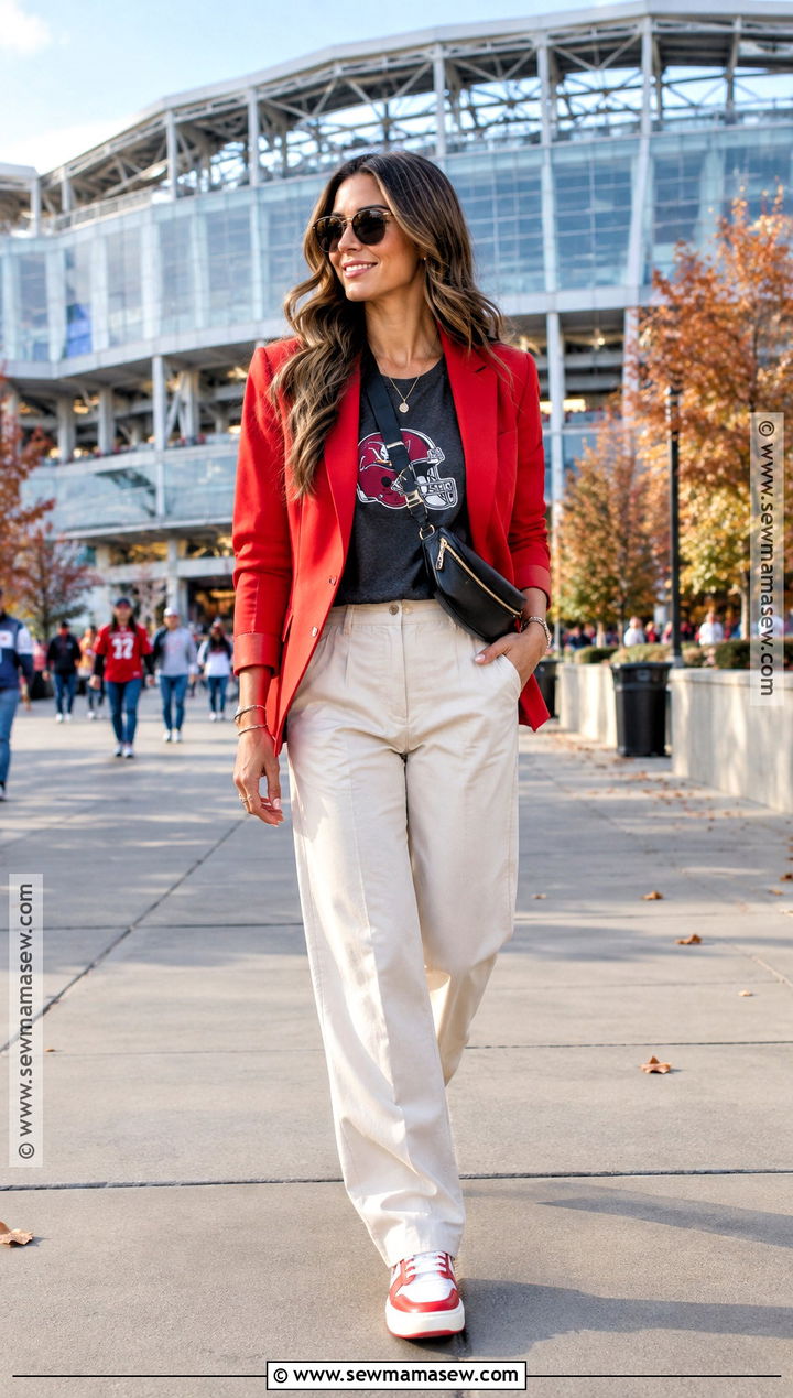 Team Color Blazer With T Shirt And Trousers - 20 Nfl Game Day Outfit Woman Fall Ideas
