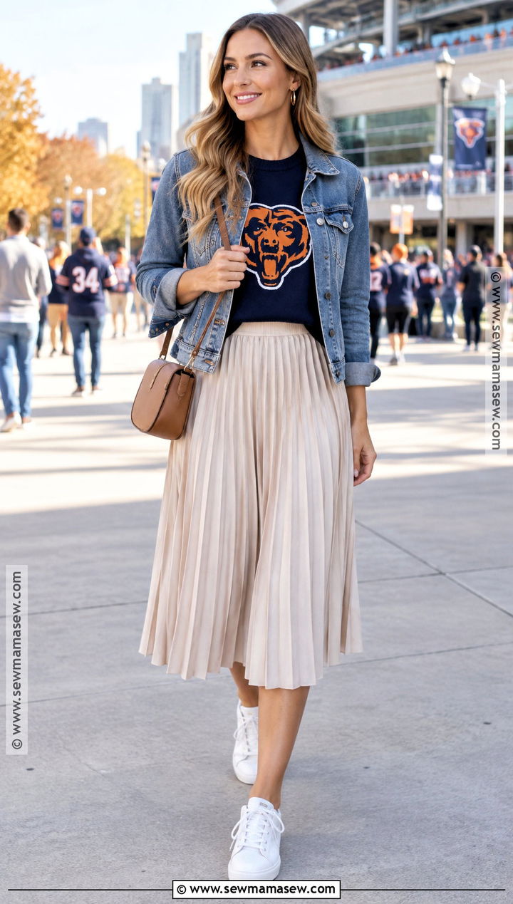 Team Color Sweater With Pleated Midi Skirt - 20 Nfl Game Day Outfit Woman Fall Ideas