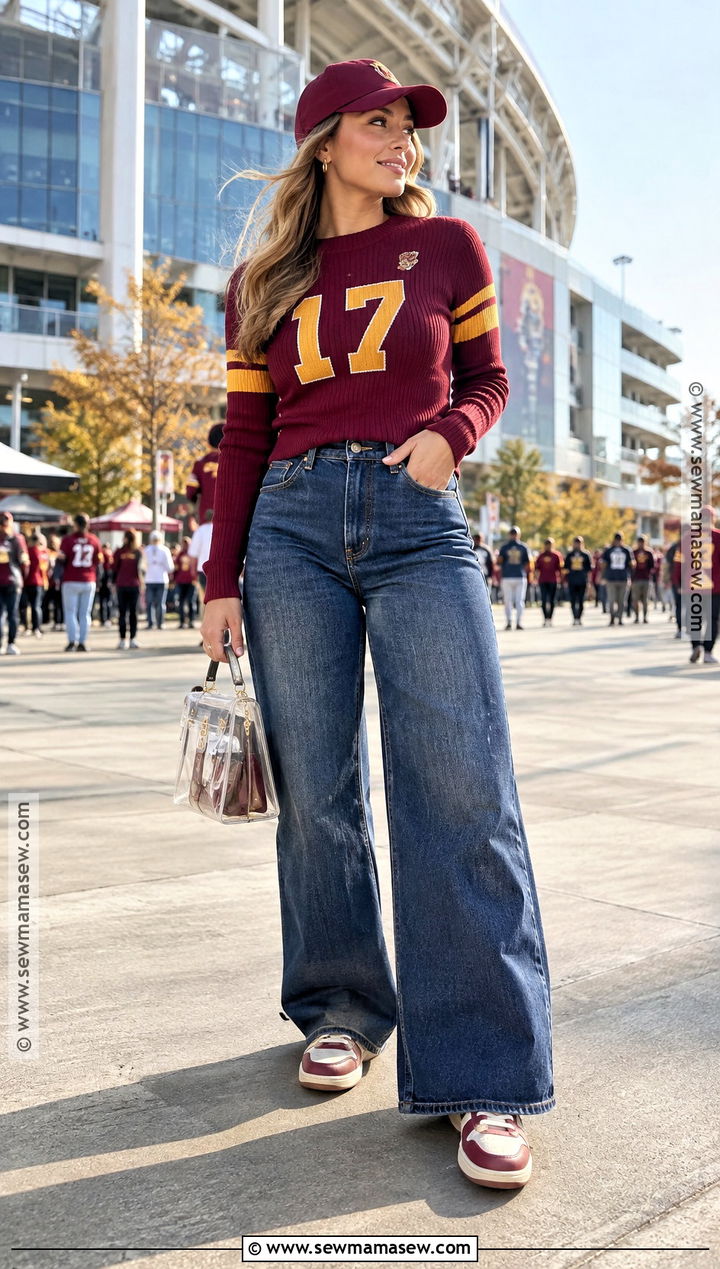 Team Color Sweater With Wide Leg Jeans - 15 fall nfl game outfit ideas